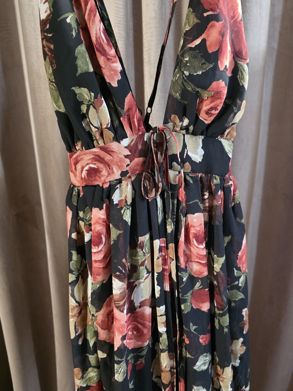 Mind Code Black Floral Deep V Maxi Dress Size Small